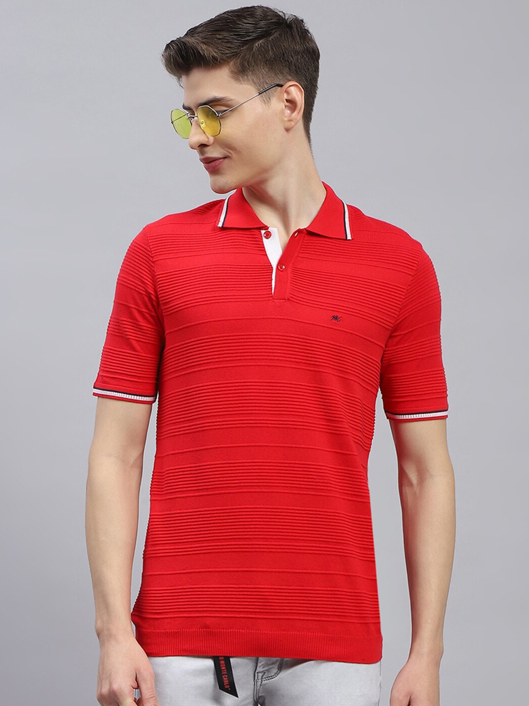 

Monte Carlo Striped Polo Collar Cotton Regular Fit T-shirt, Red