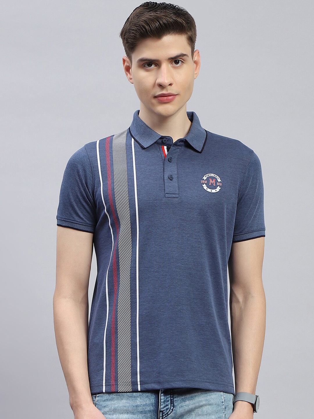 

Monte Carlo Striped Polo Collar T-shirt, Navy blue