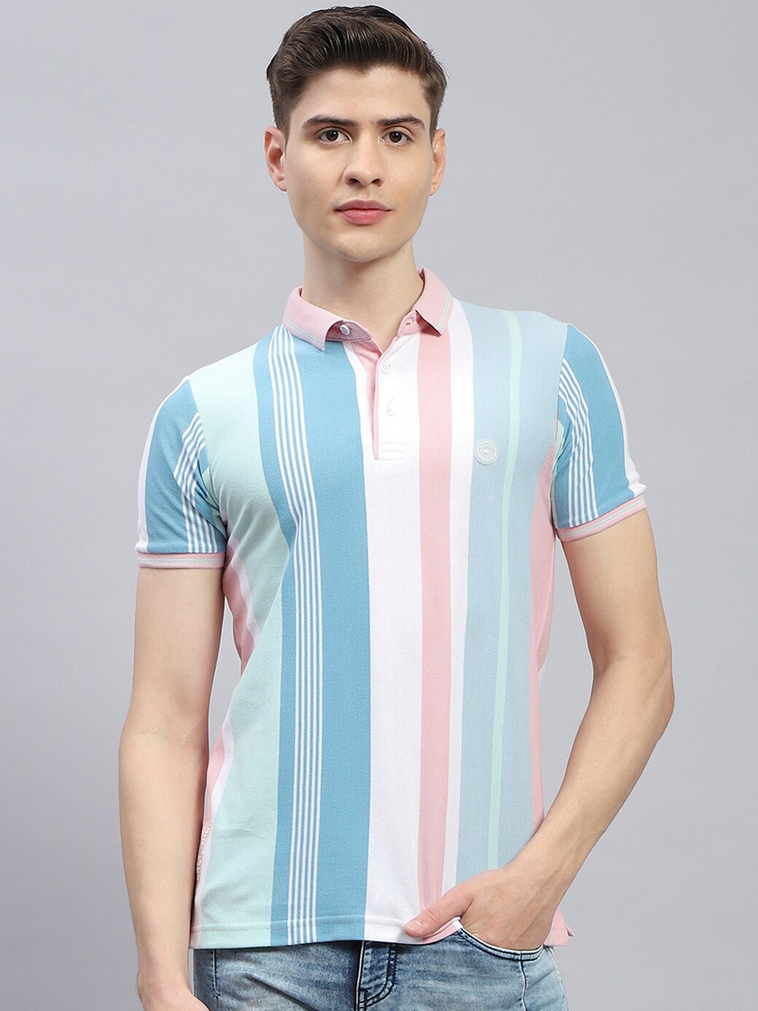 

Monte Carlo Striped Polo Collar Raw Edge T-shirt, Pink
