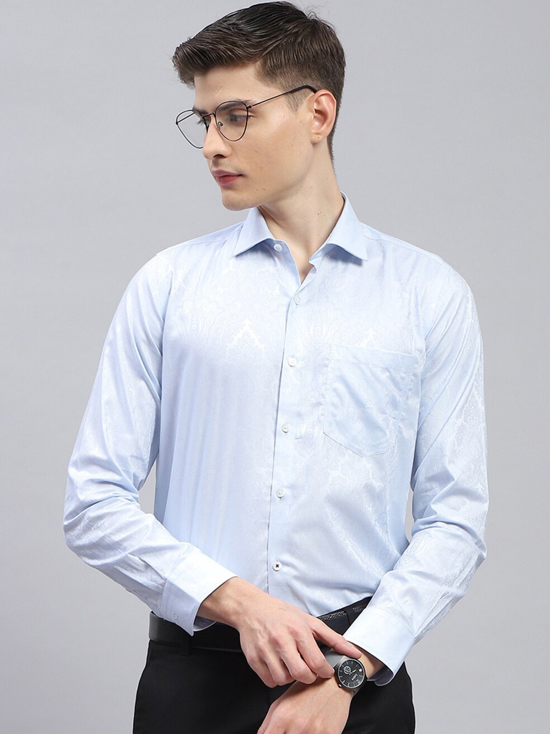

Monte Carlo Classic Opaque Self Design Cotton Formal Shirt, Blue