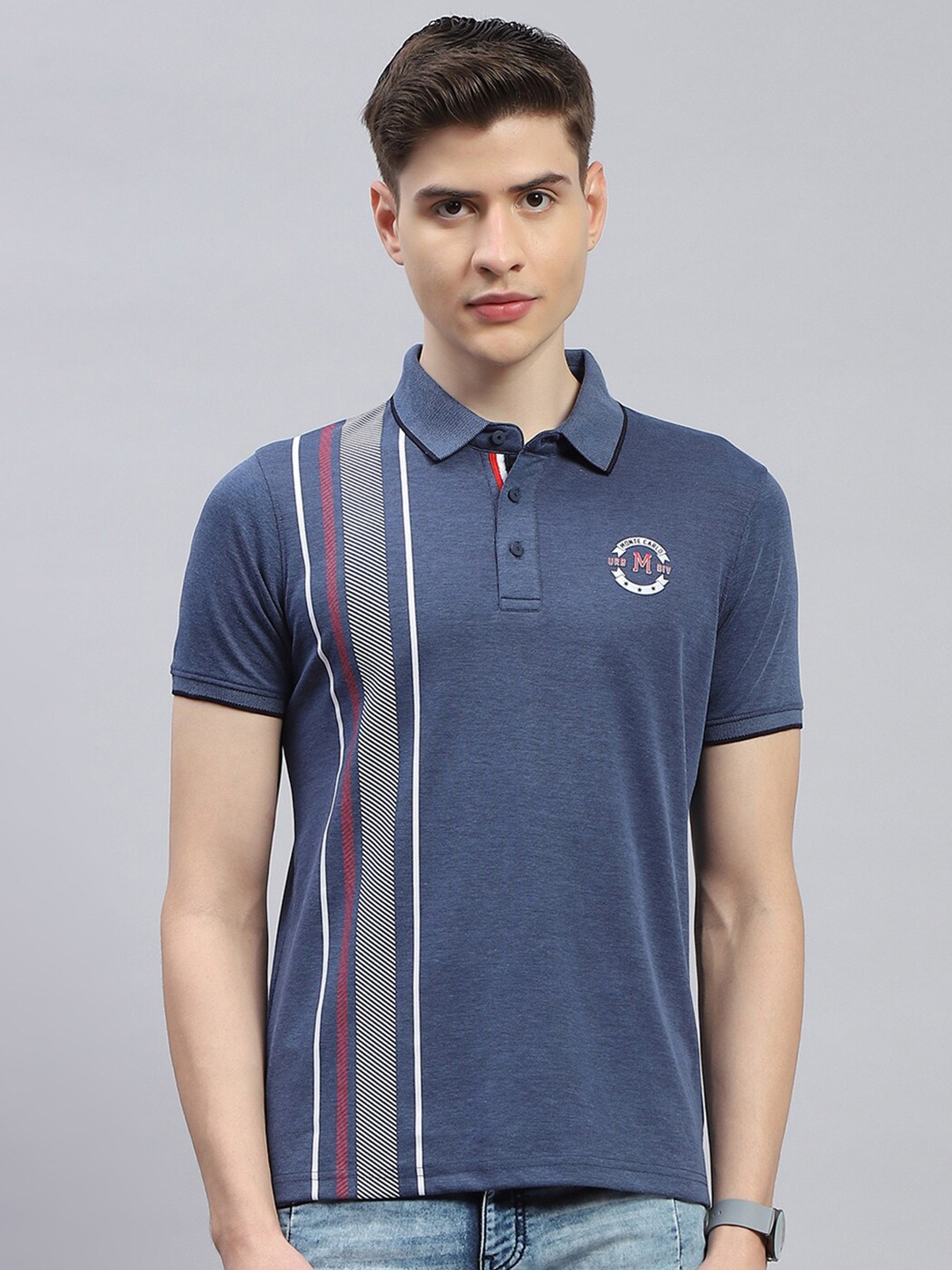 

Monte Carlo Striped Polo Collar T-shirt, Navy blue