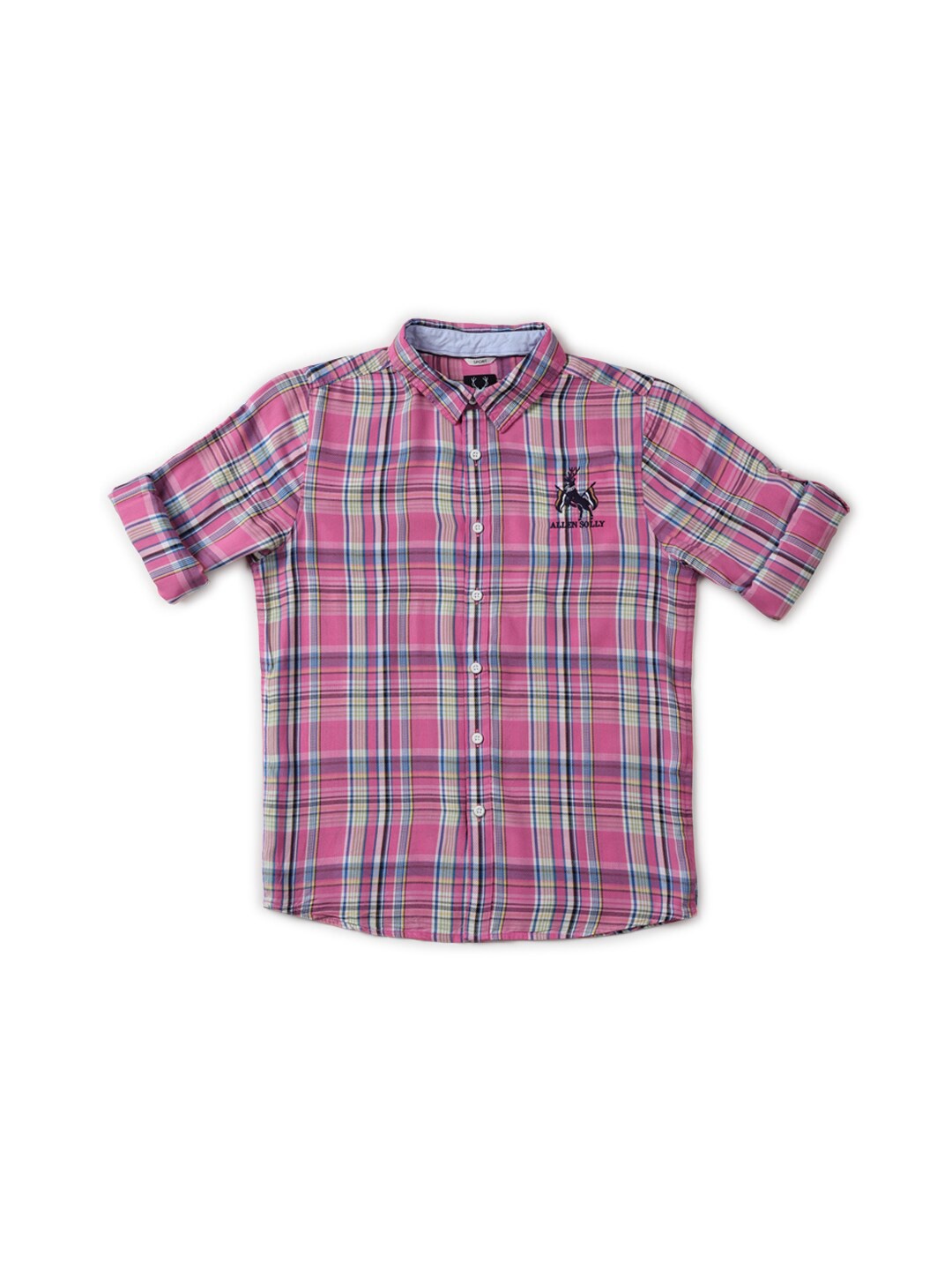 

Allen Solly Junior Boys Slim Fit Tartan Checks Spread Collar Roll-Up Sleeves Modal Shirt, Pink