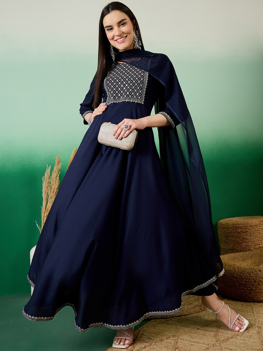 

Sangria Sequinned Yoke Design Round Neck Anarkali Kurta With Trouser & Dupatta, Navy blue