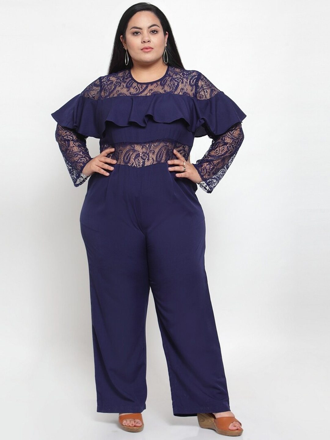 

Flambeur Plus Size Long Sleeves Basic Jumpsuit with Lace Inserts, Navy blue