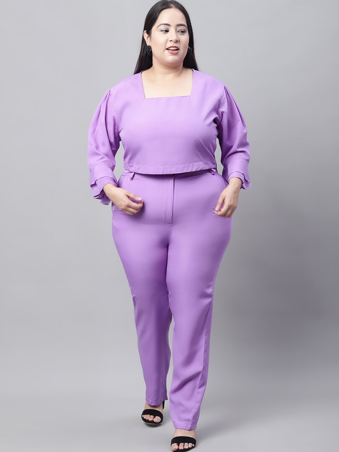 

Flambeur Plus Size Crop Top With Trousers Co-Ords, Purple