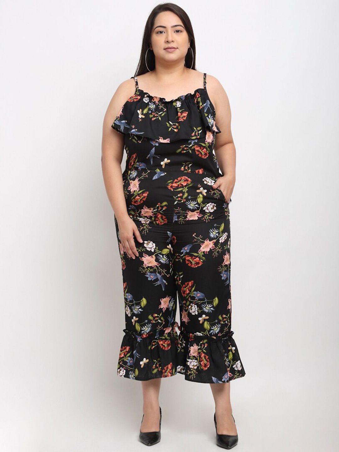 

Flambeur Plus Size Floral Printed Ruffled Sleeveless Basic Jumpsuit, Black