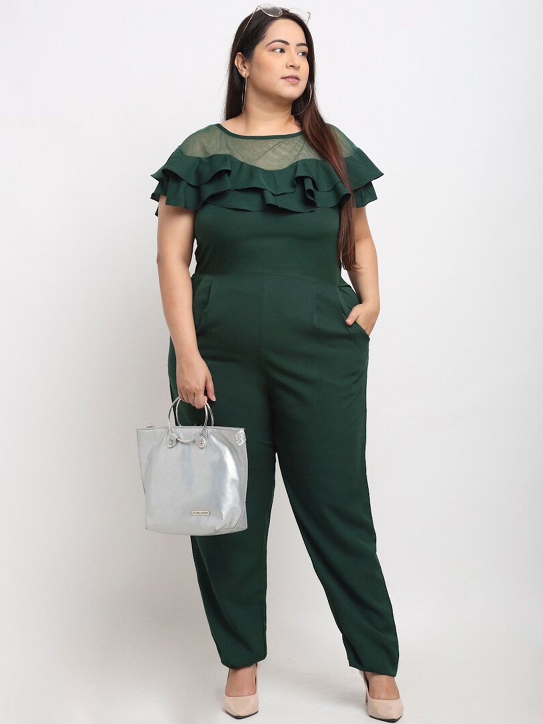 

Flambeur Plus Size Round Neck Basic Jumpsuit, Green