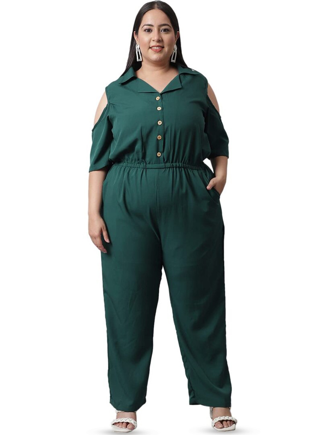 

Flambeur Plus Size Shirt Collar Cut Out Basic Jumpsuit, Green