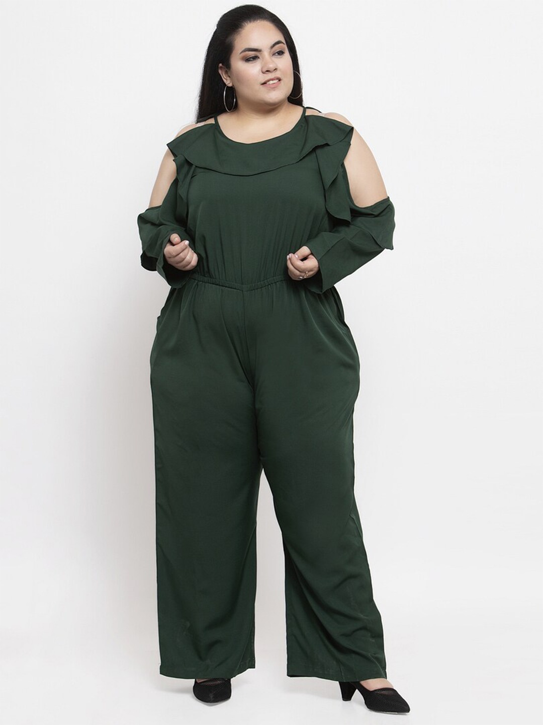 

Flambeur Plus Size Round Neck Ruffled Basic Jumpsuit, Green
