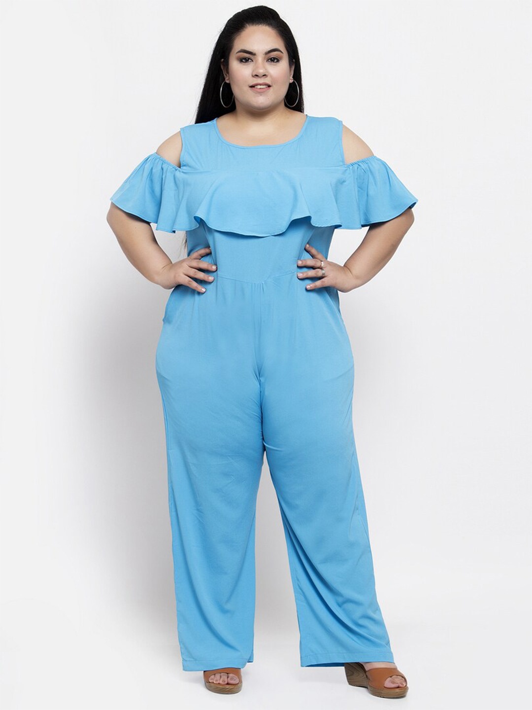 

Flambeur Plus Size Cold Shoulder Basic Jumpsuit, Blue