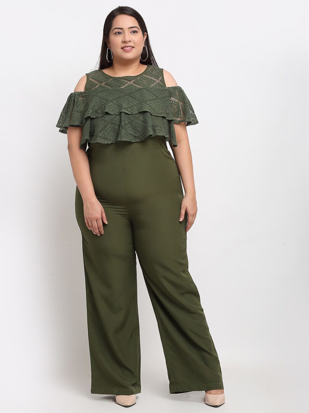 

Flambeur Plus Size Cold Shoulder Sleeves Basic Jumpsuit, Green
