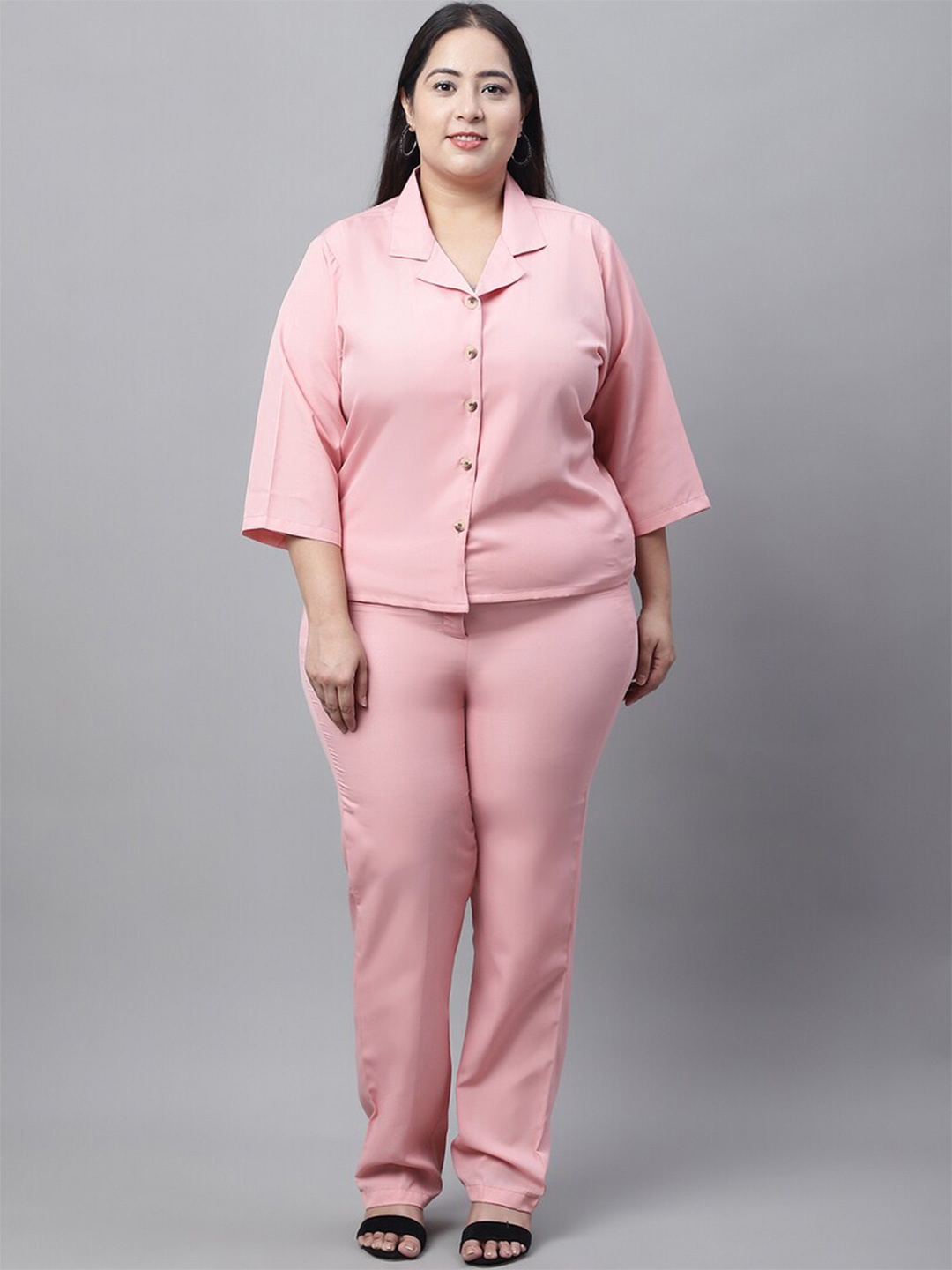 

Flambeur Plus Size Lapel Collar Shirt with Trousers, Pink