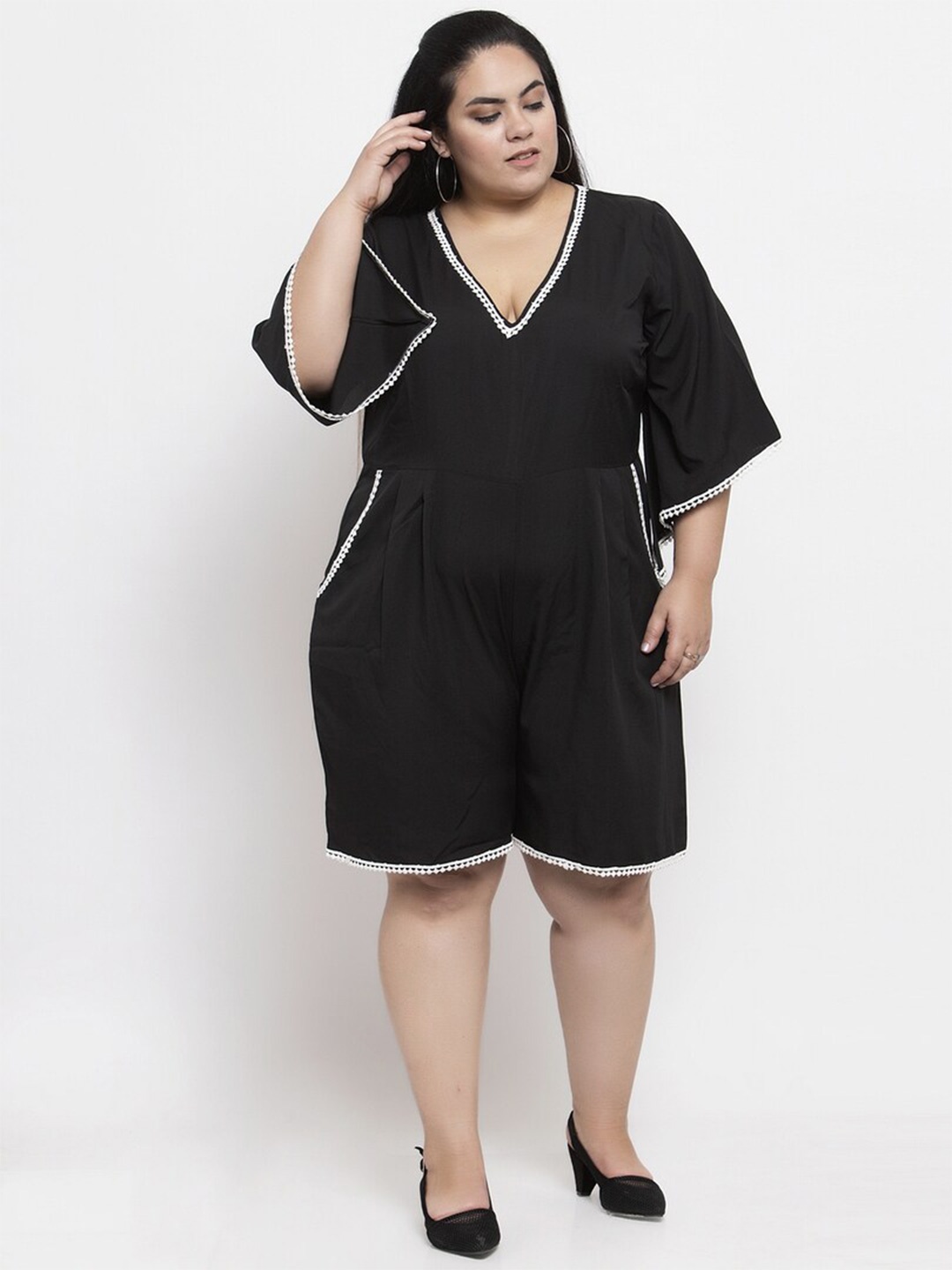 

Flambeur Plus Size V-Neck Playsuit, Black