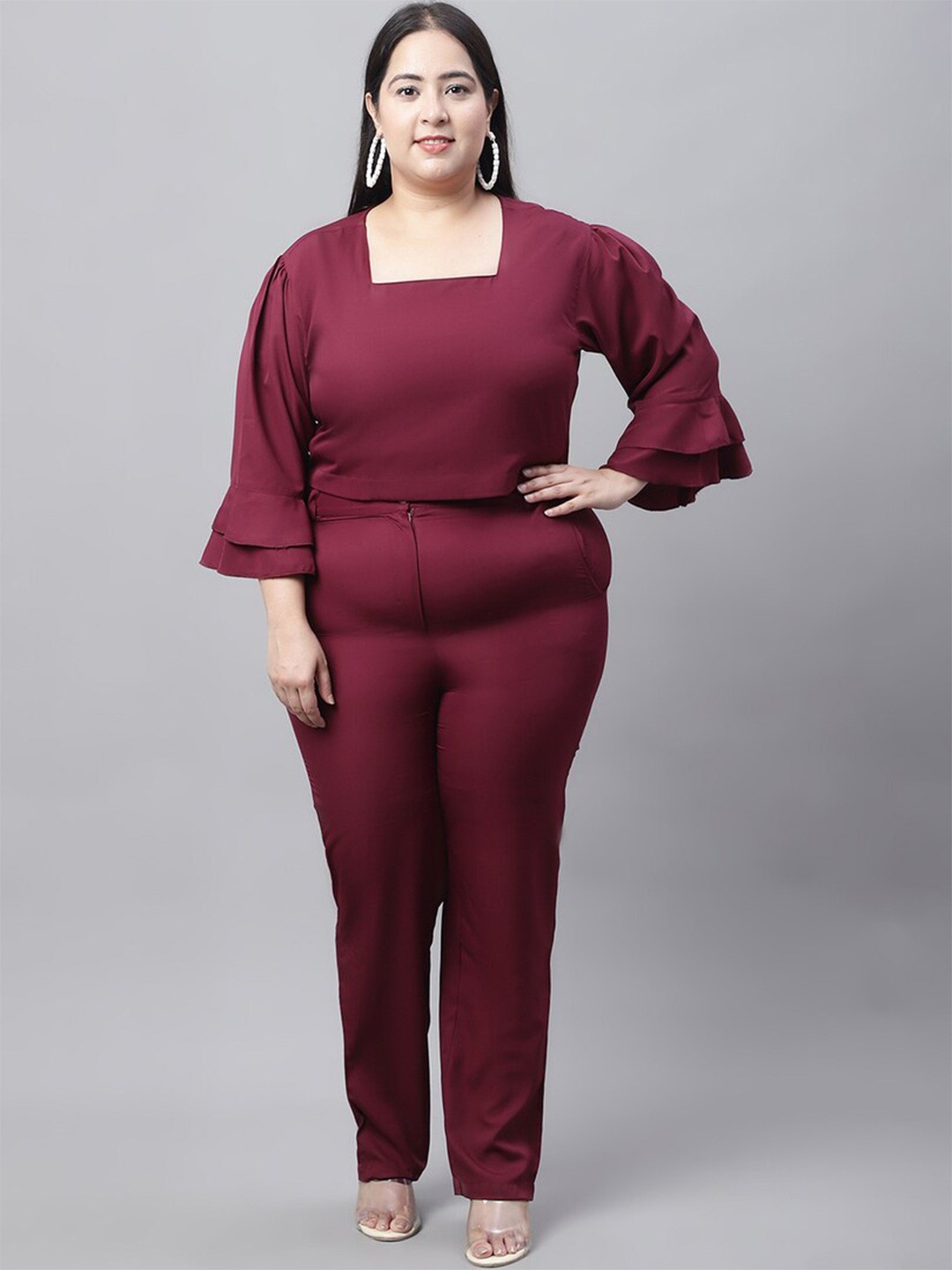 

Flambeur Plus Size Crop Top With Trousers Co-Ords, Brown