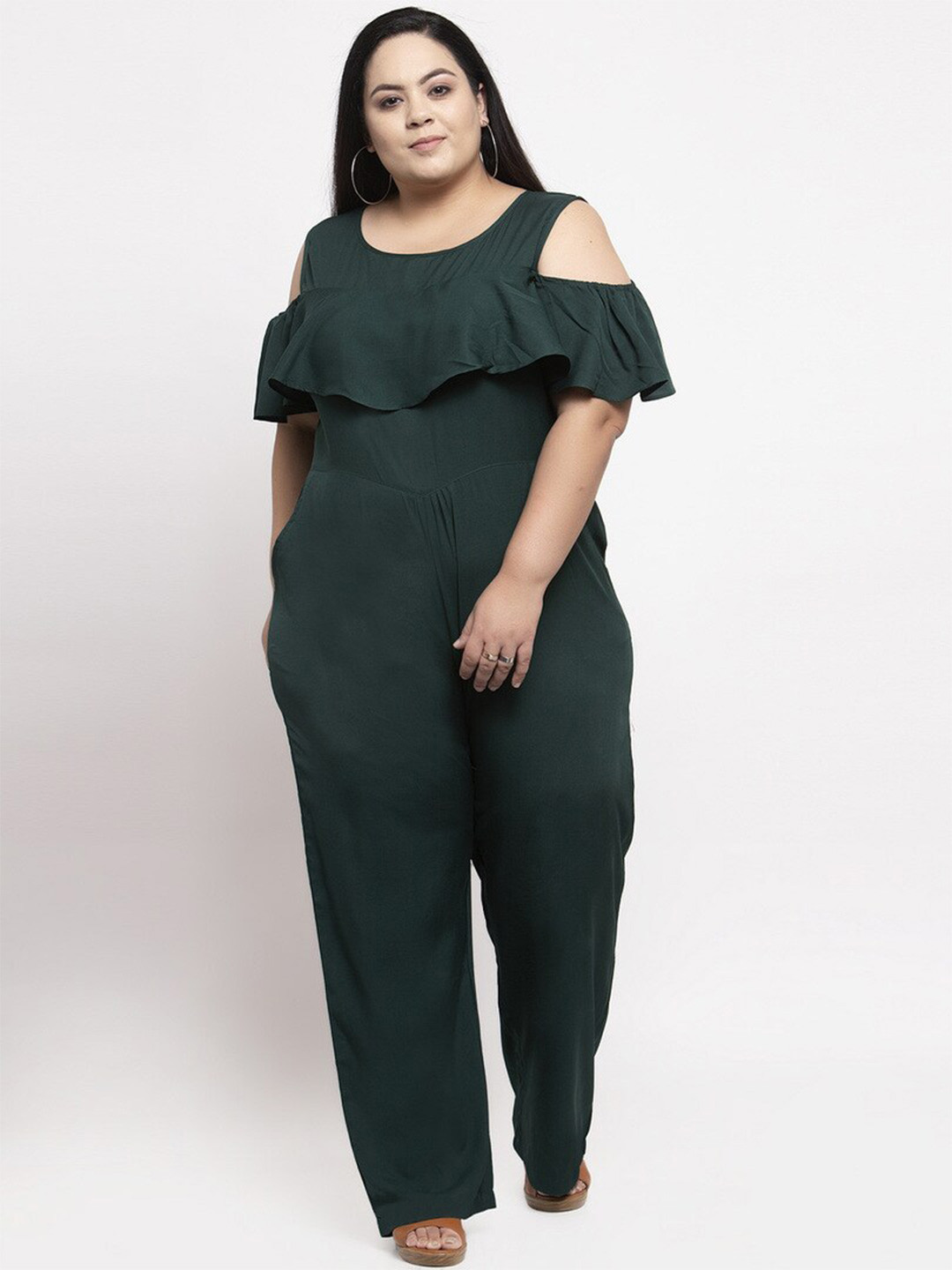 

Flambeur Plus Size Cold-Shoulder Basic Jumpsuit, Green