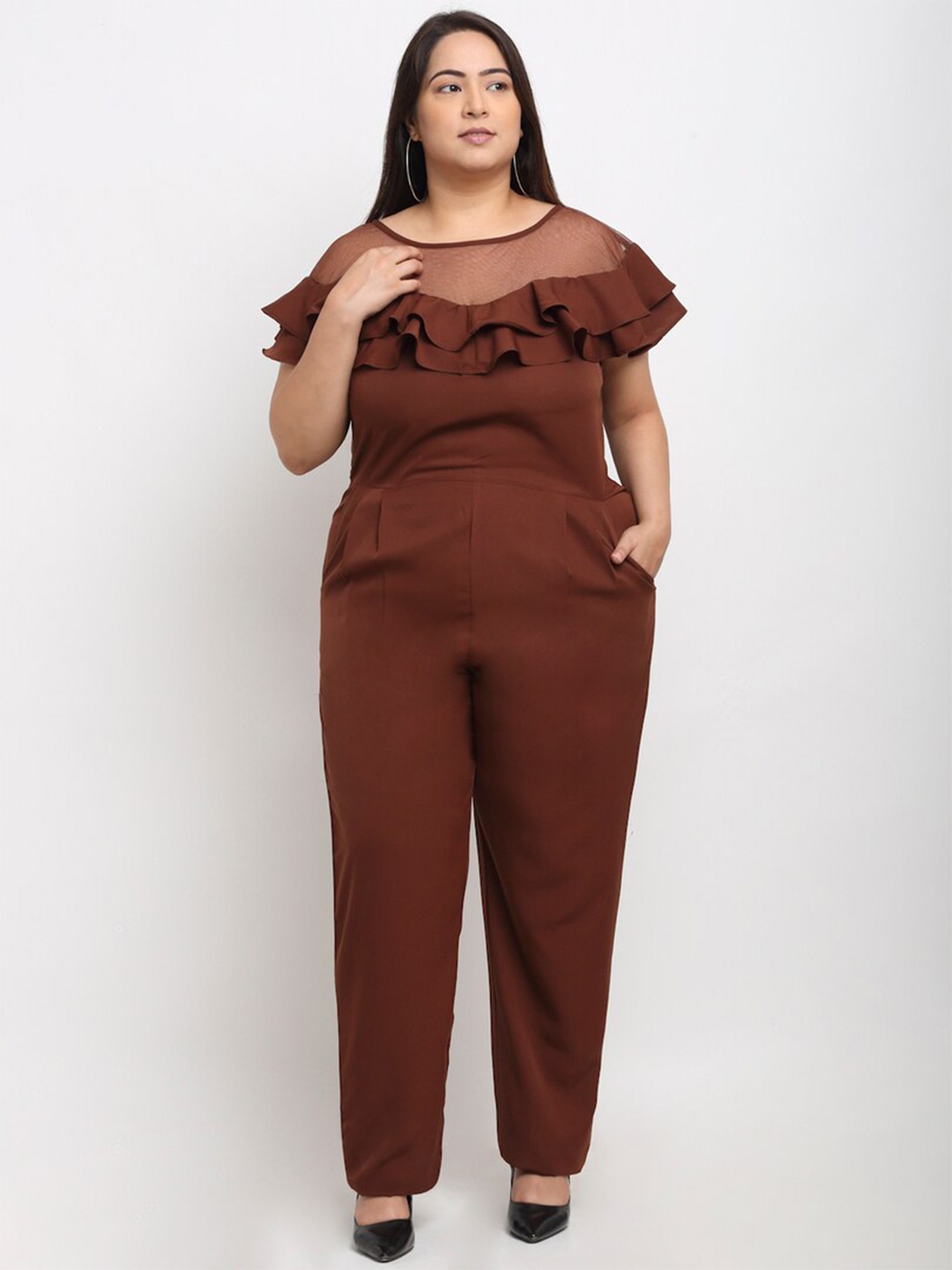 

Flambeur Plus Size Round Neck Basic Jumpsuit, Brown