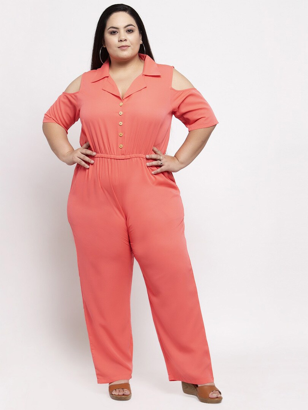 

Flambeur Plus Size Shirt Collar Cut-Out Basic Jumpsuit, Pink