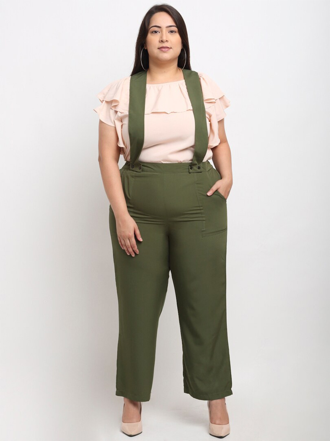 

Flambeur Plus Size Ruffled Basic Jumpsuit, Beige