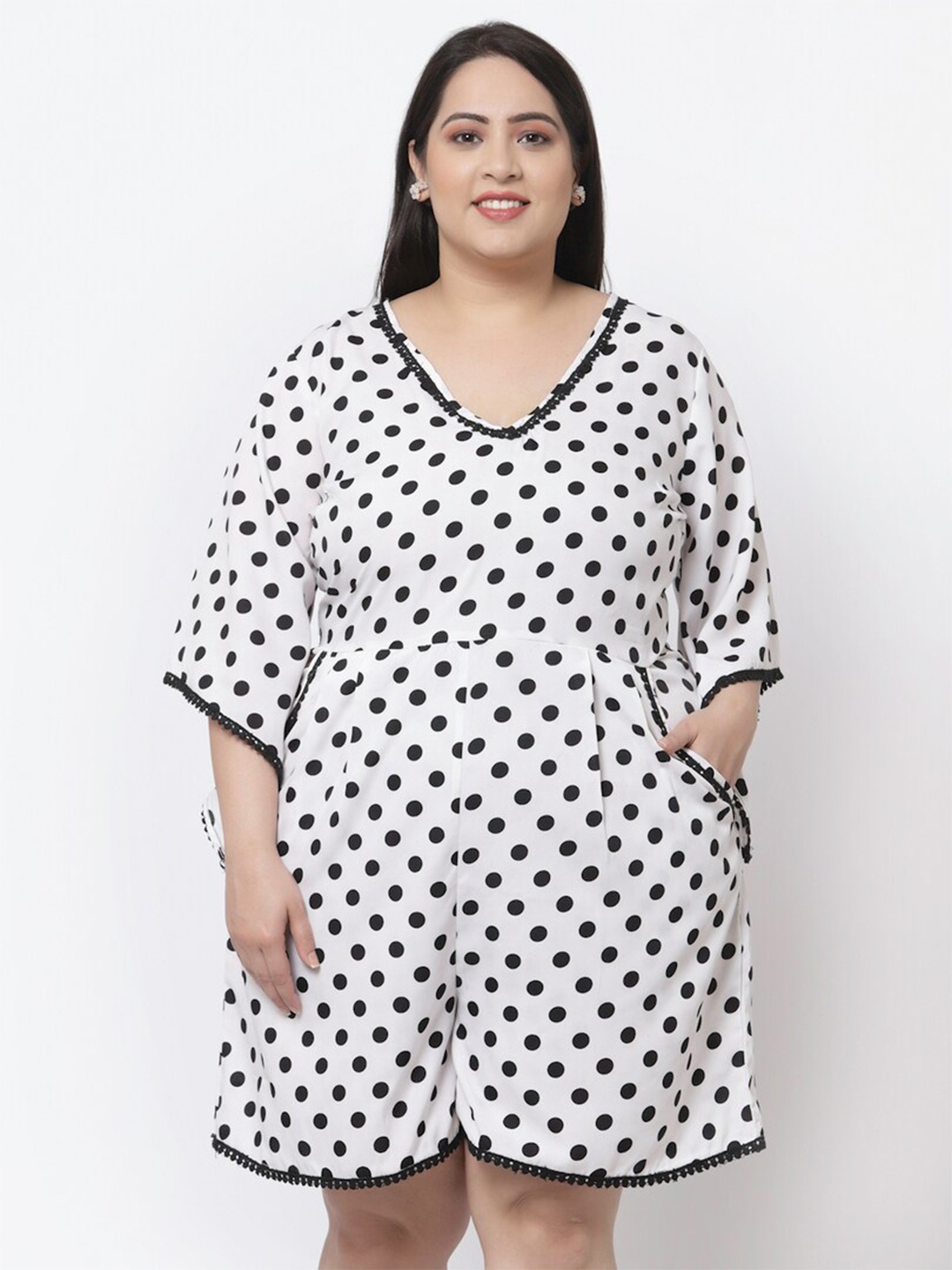 

Flambeur Polka Dots Printed V-Neck Flared Sleeves Playsuit, White