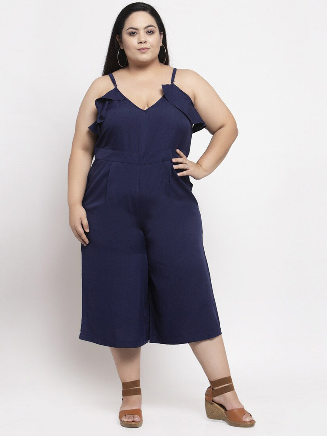 

Flambeur Plus Size Round Neck Ruffled Capri Jumpsuit, Navy blue