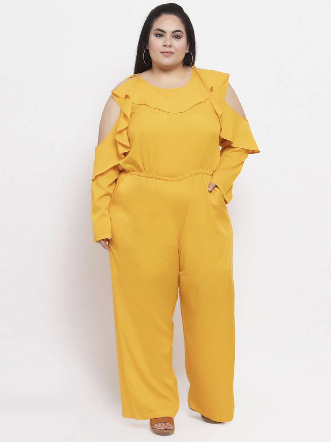 

Flambeur Plus Size Cold Shoulder Sleeves Ruffles Detail Basic Jumpsuit, Mustard