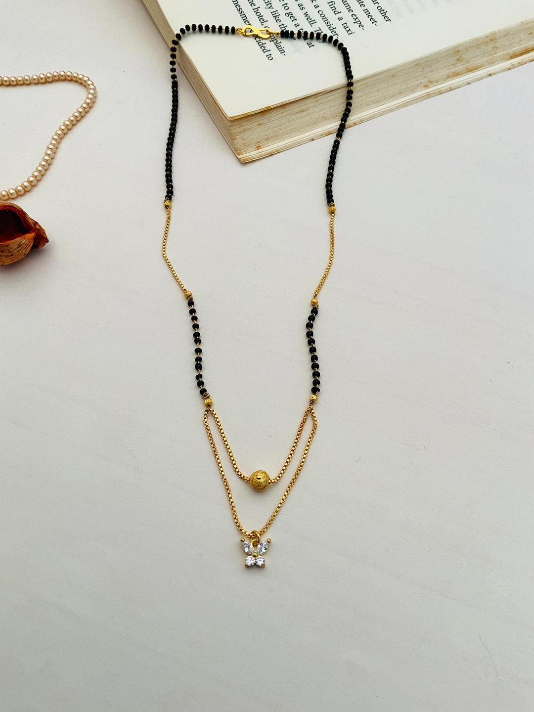 

ABDESIGNS Gold-Plated American Diamond-Studded & Beads Mangalsutra
