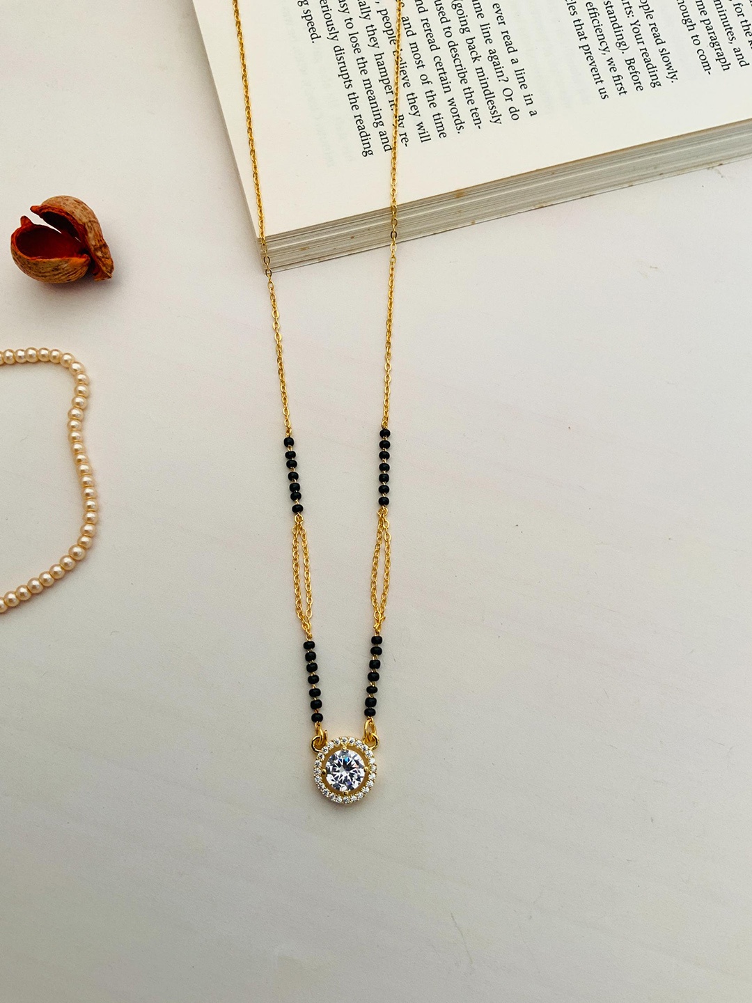 

ABDESIGNS Gold-Plated American Diamond-Studded & Beaded Mangalsutra