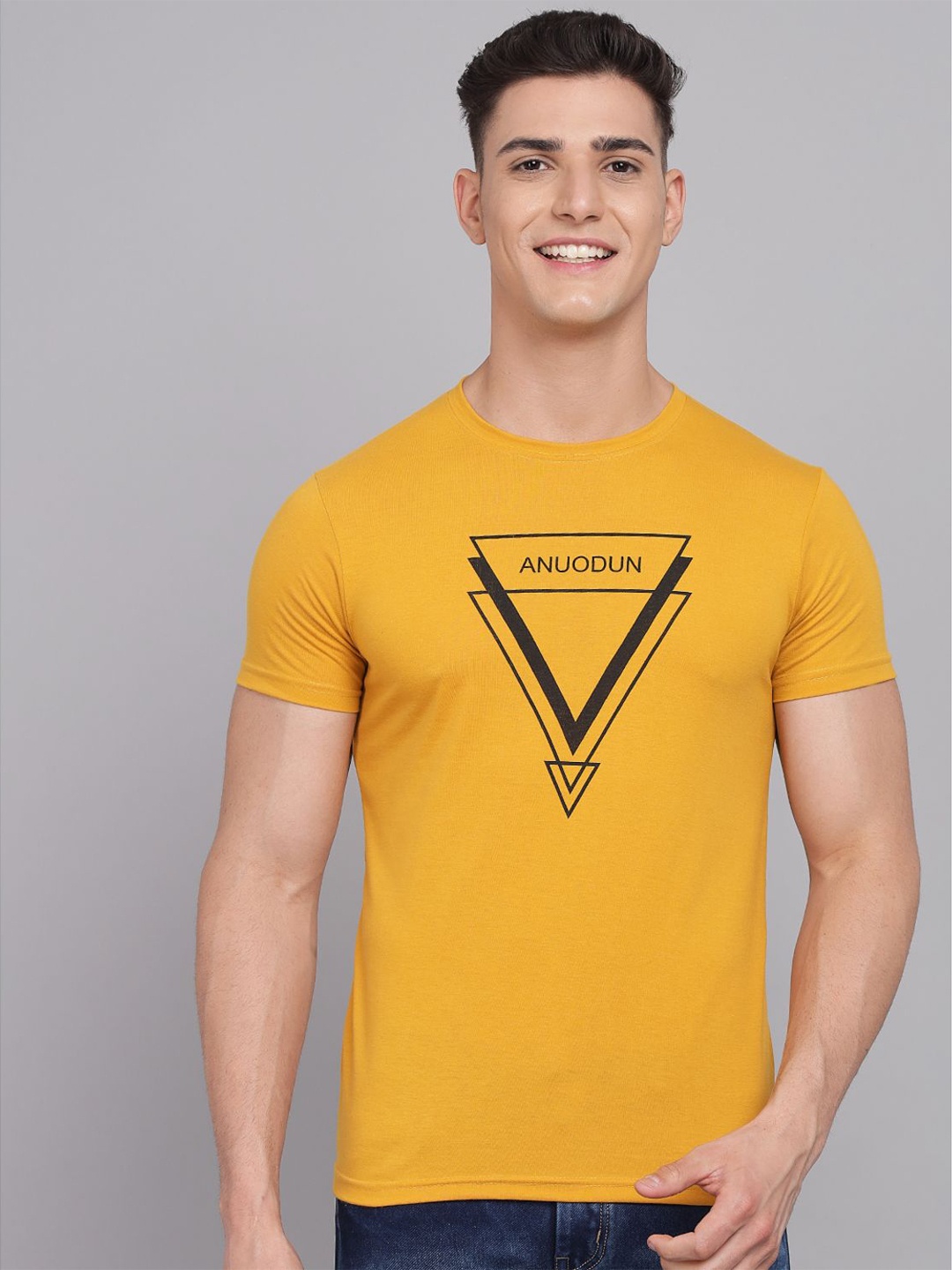 

STYLOGUE Typography Printed Round Neck Casual T-shirt, Yellow