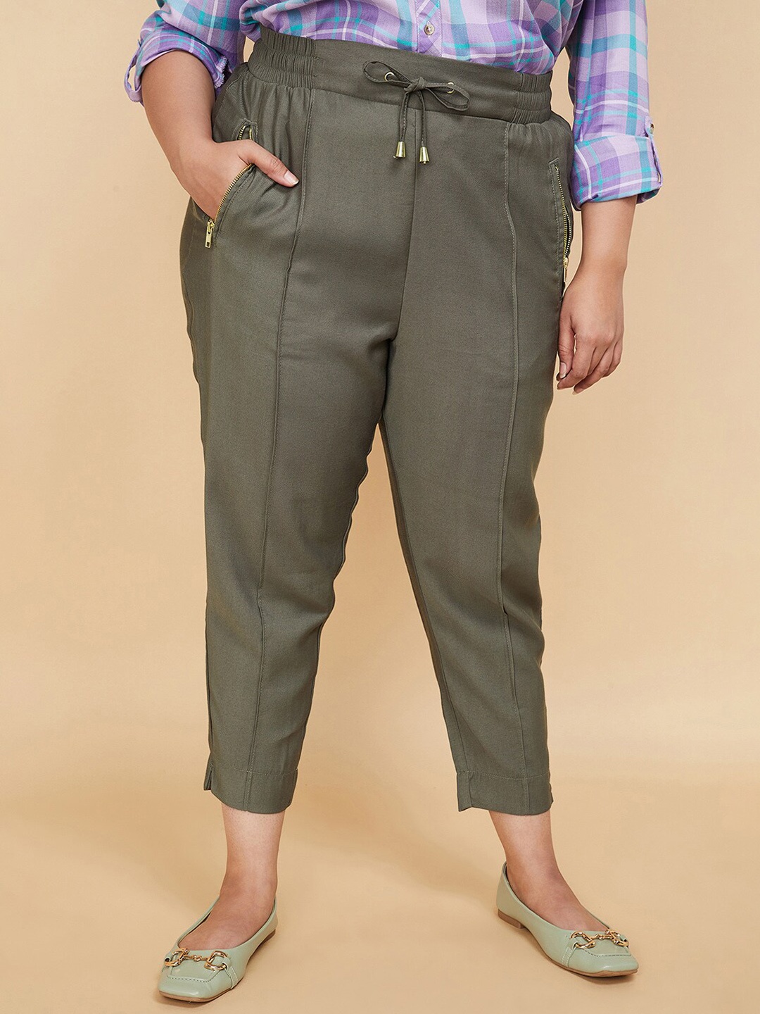

max Plus Size Women Mid Rise Cotton Trouser, Olive