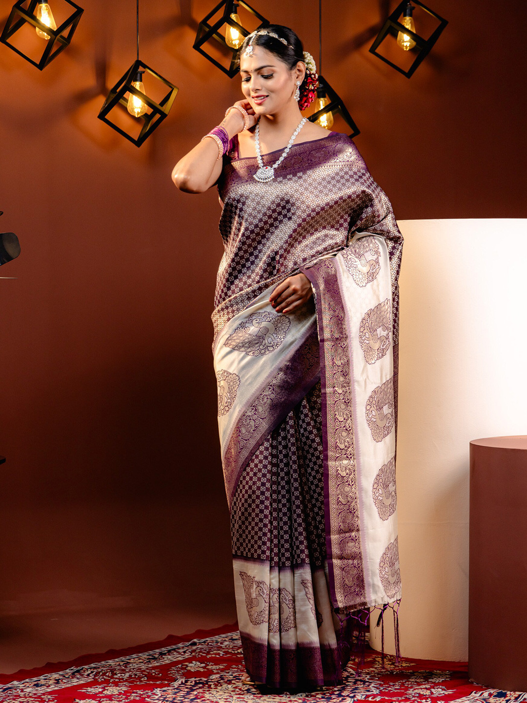 

MIMOSA Ethnic Motifs Woven Design Zari Kanjeevaram Saree, Purple