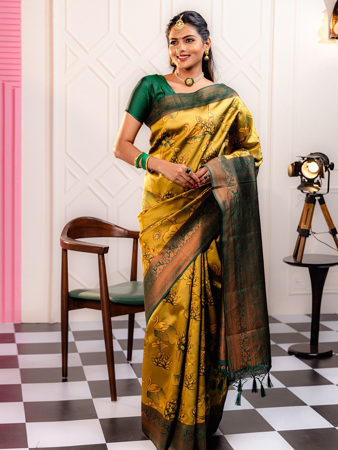 

MIMOSA Ethnic Motifs Woven Design Zari Kanjeevaram Saree With Tassels, Yellow