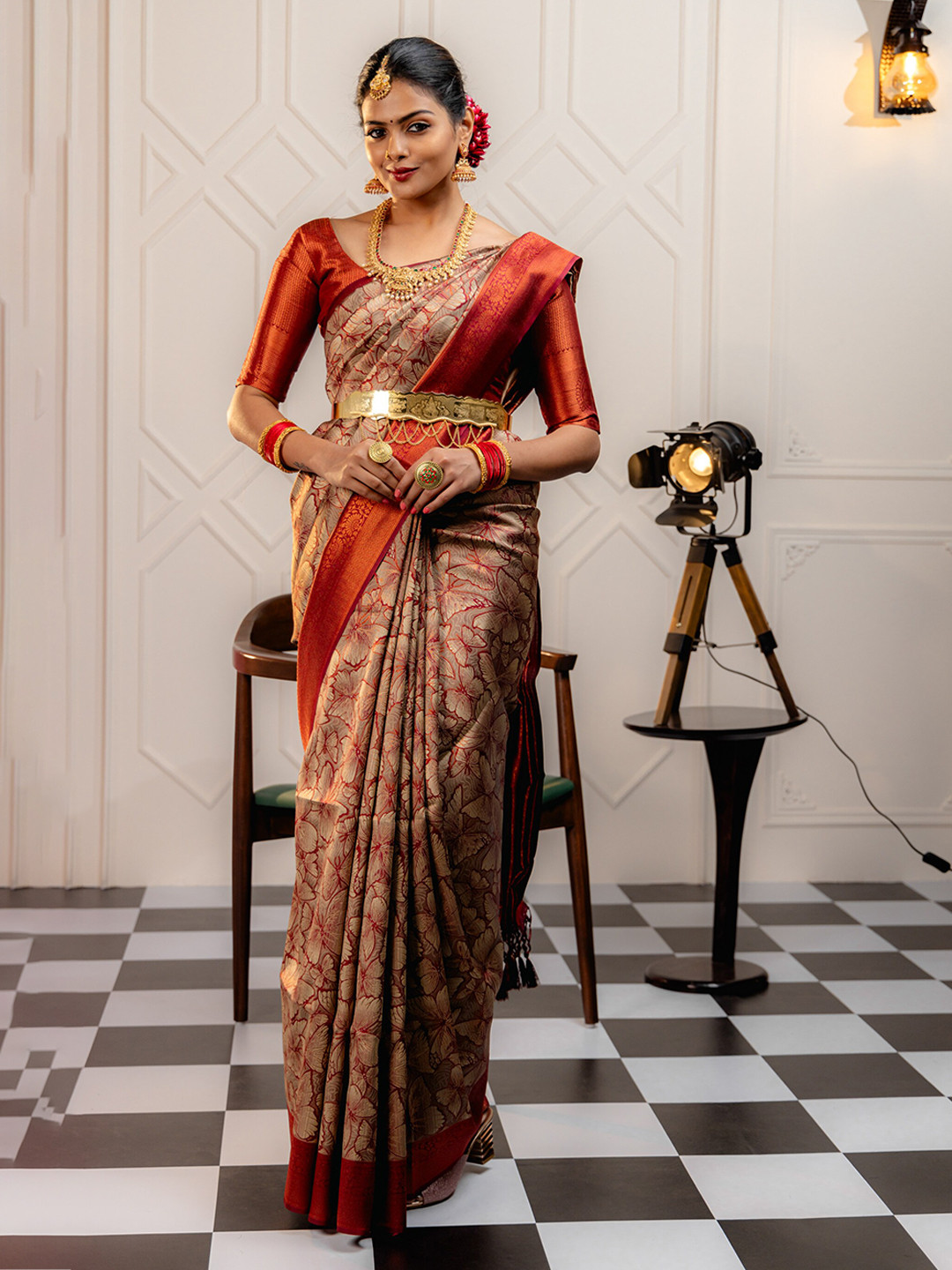 

MIMOSA Abstract Woven Design Kanjeevaram Zari Saree, Maroon