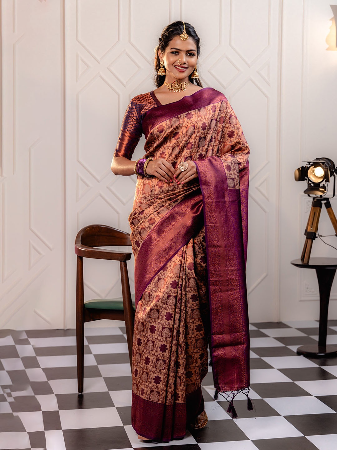 

MIMOSA Ethnic Motifs Woven Design Zari Kanjeevaram Saree With Tassels, Peach