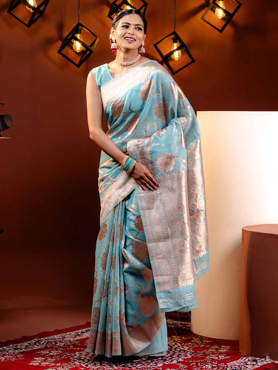 

MIMOSA Ethnic Motifs Woven Design Zari Banarasi Saree, Turquoise blue
