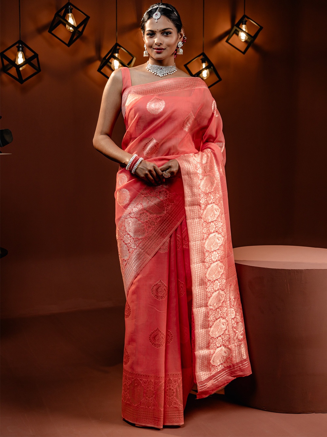 

MIMOSA Ethnic Motifs Woven Design Zari Banarasi Saree, Pink