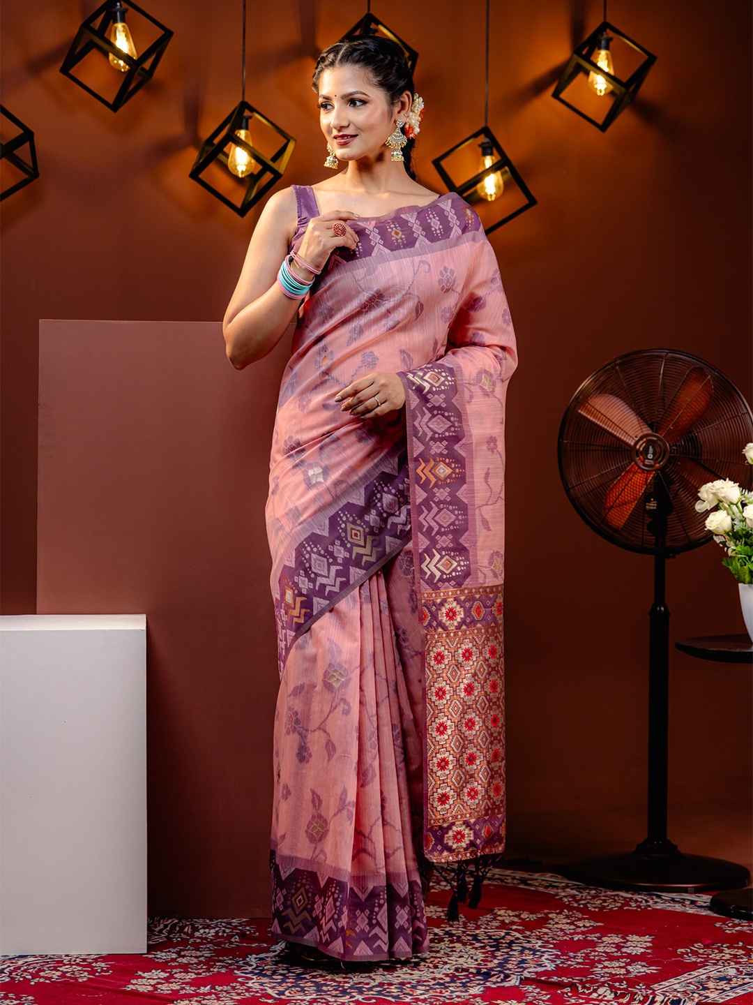 

MIMOSA Woven Design Zari Art Silk Ikat Saree, Pink