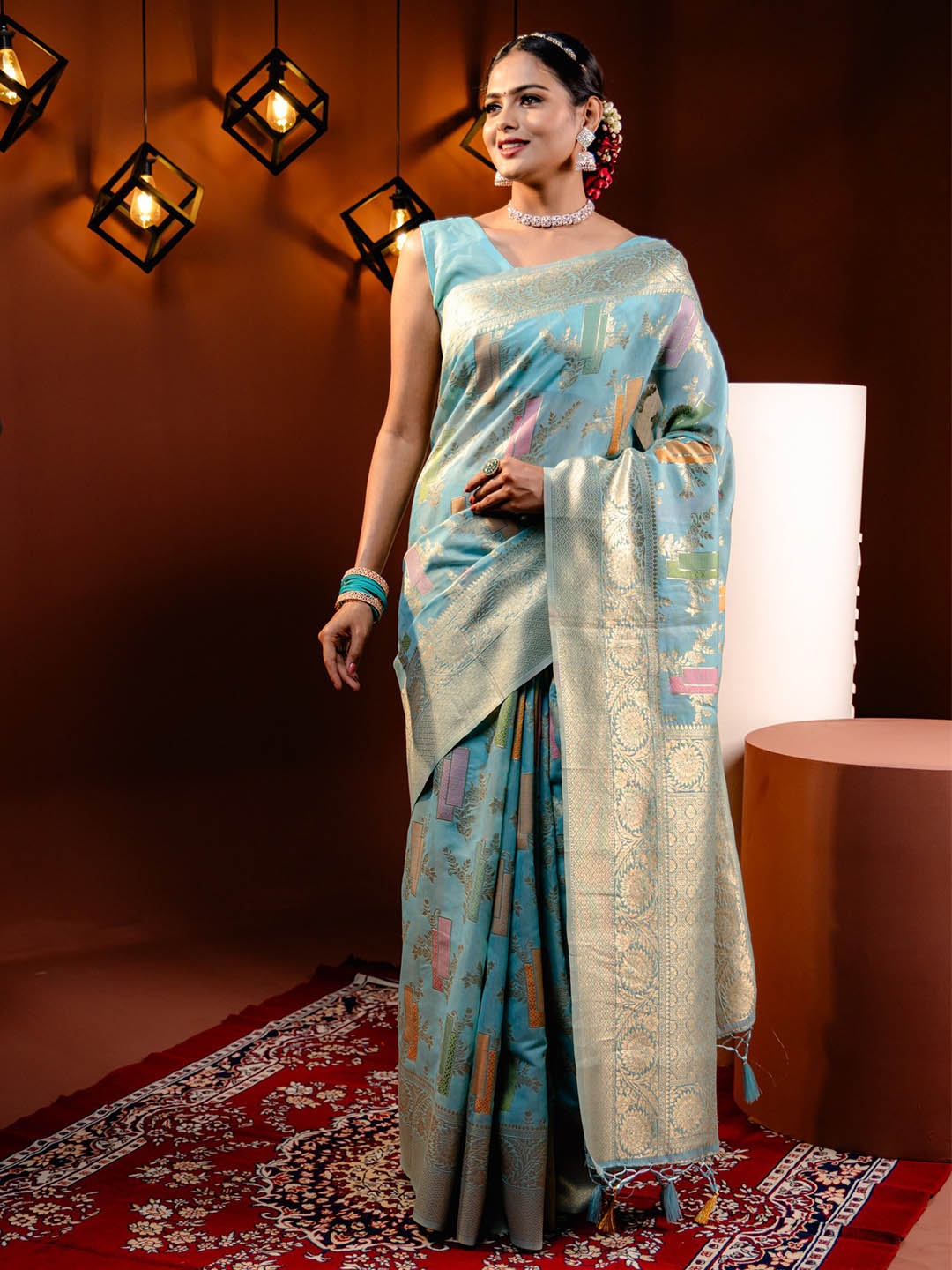 

MIMOSA Ethnic Motifs Woven Design Zari Banarasi Saree, Turquoise blue