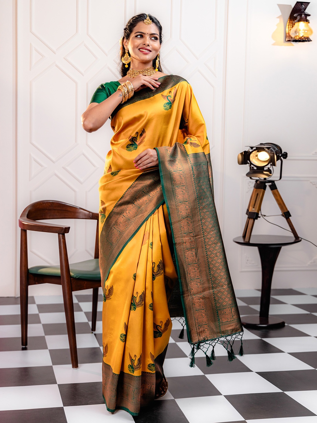 

MIMOSA Ethnic Motifs Woven Design Zari Kanjeevaram Saree With Tassels, Yellow