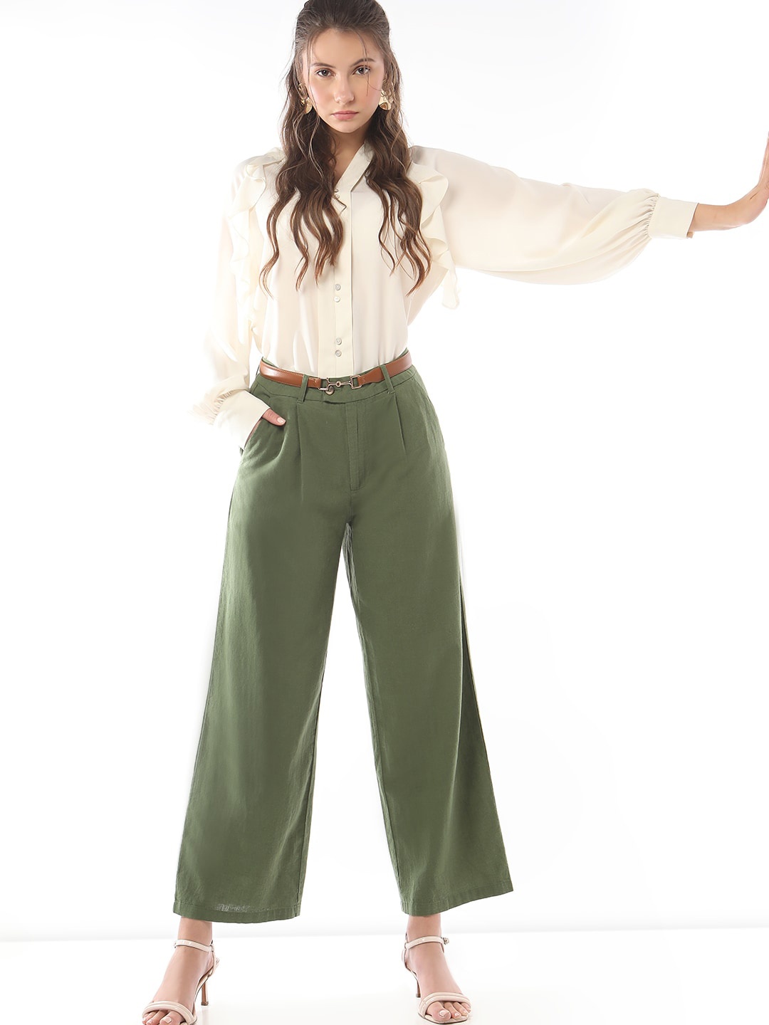 

Vero Moda Women Straight Fit High-Rise Linen Trousers, Green