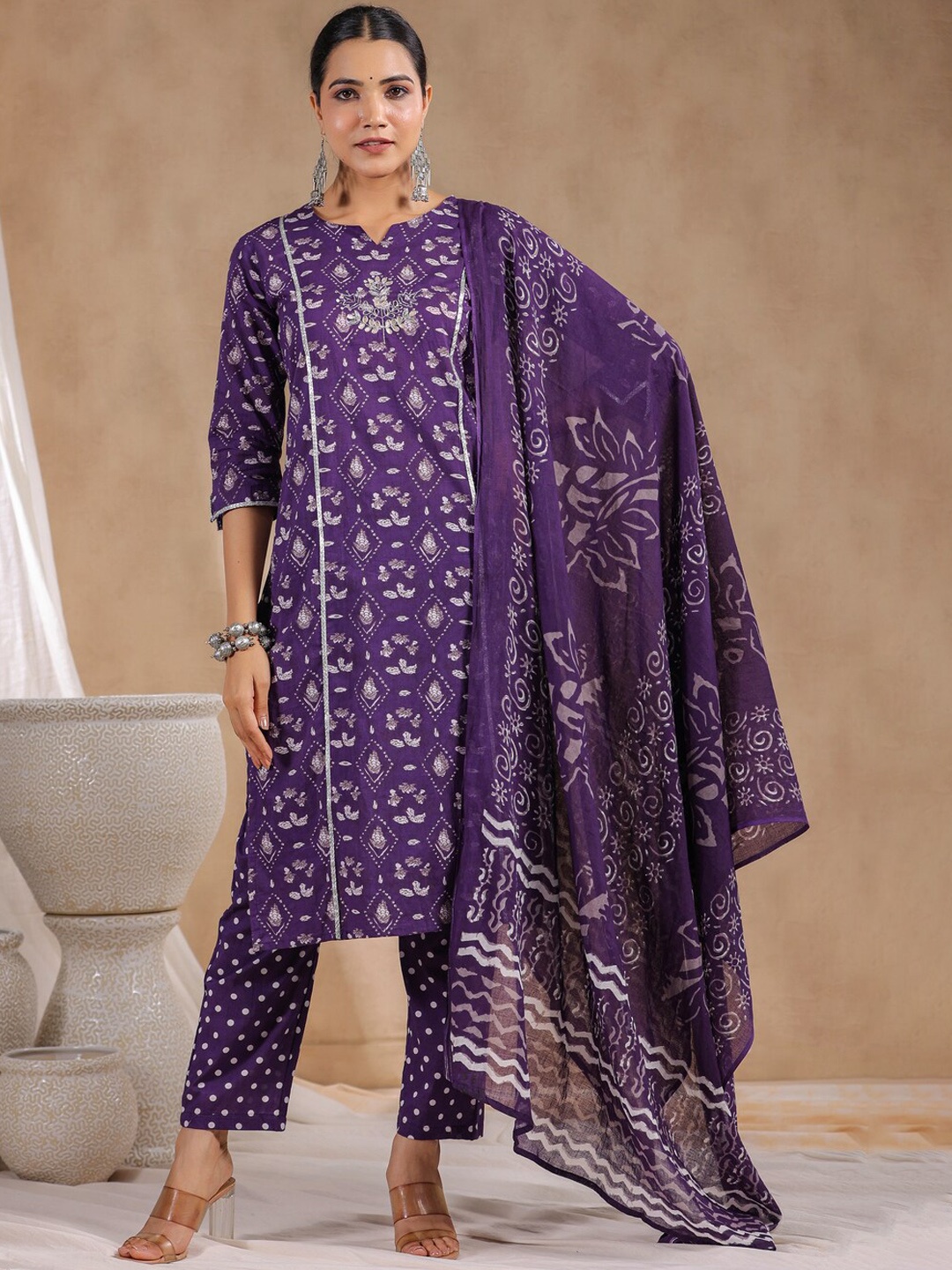 

Ishin Ethnic Motifs Printed Gotta Patti Pure Cotton Kurta with Trouser & Dupatta, Purple