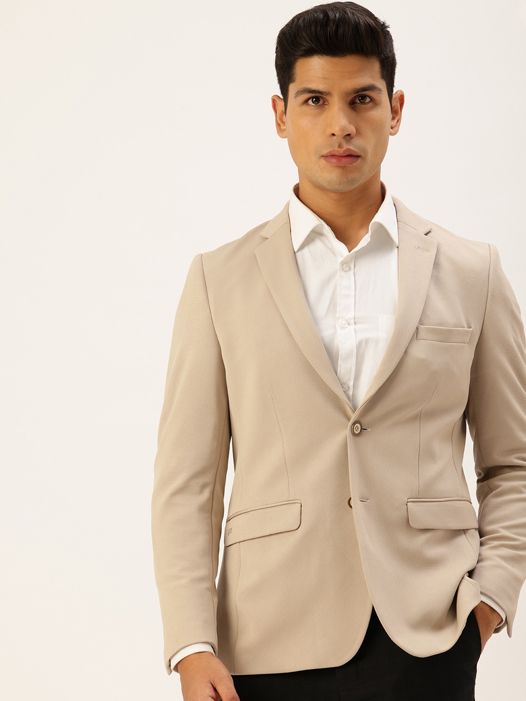 

Peter England Notched Lapel Single Breasted Self Design Neo Slim Fit Formal Blazer, Beige