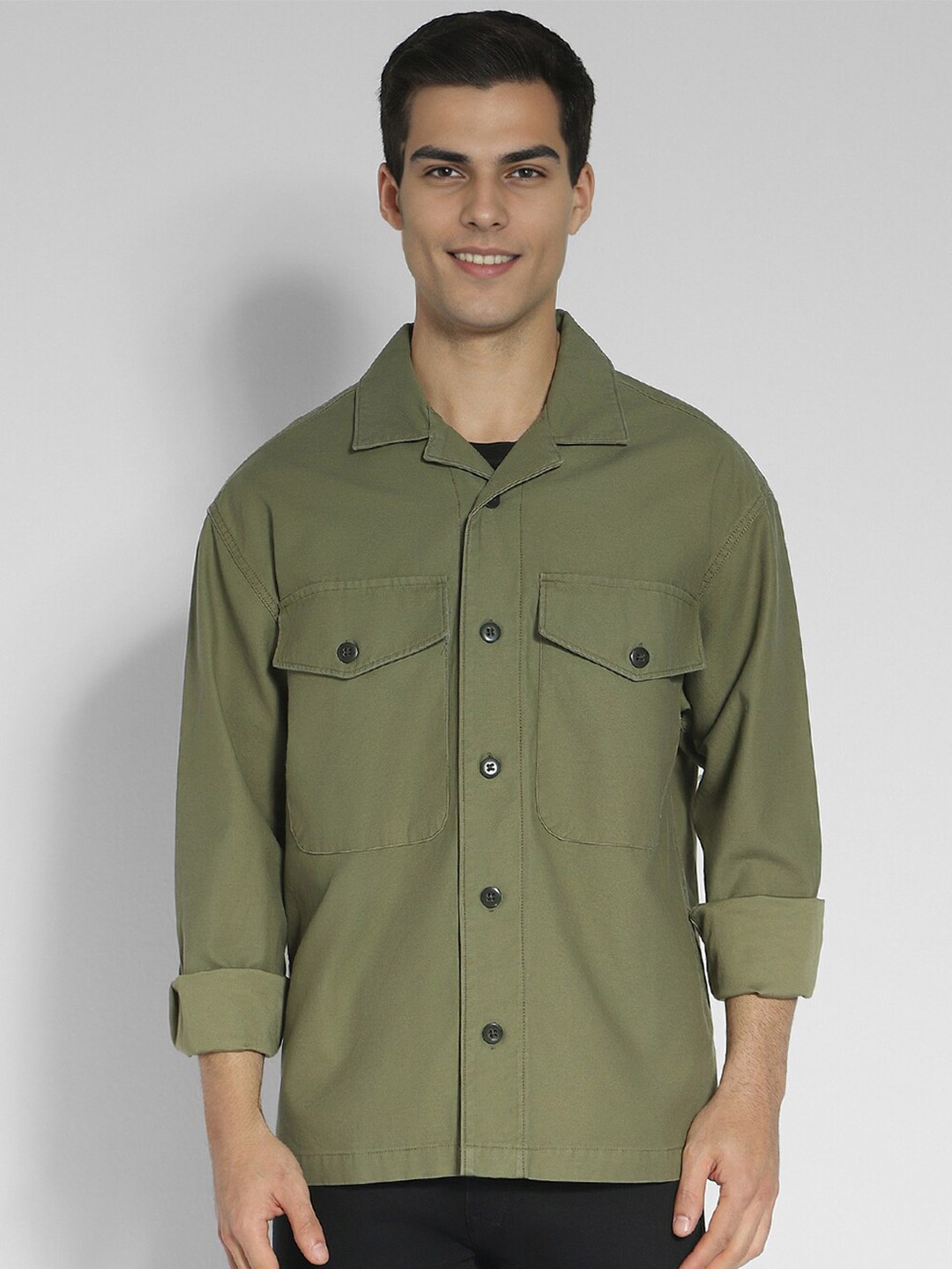 

AMERICAN EAGLE OUTFITTERS Straight Opaque Casual Cotton Shirt Jackets, Olive