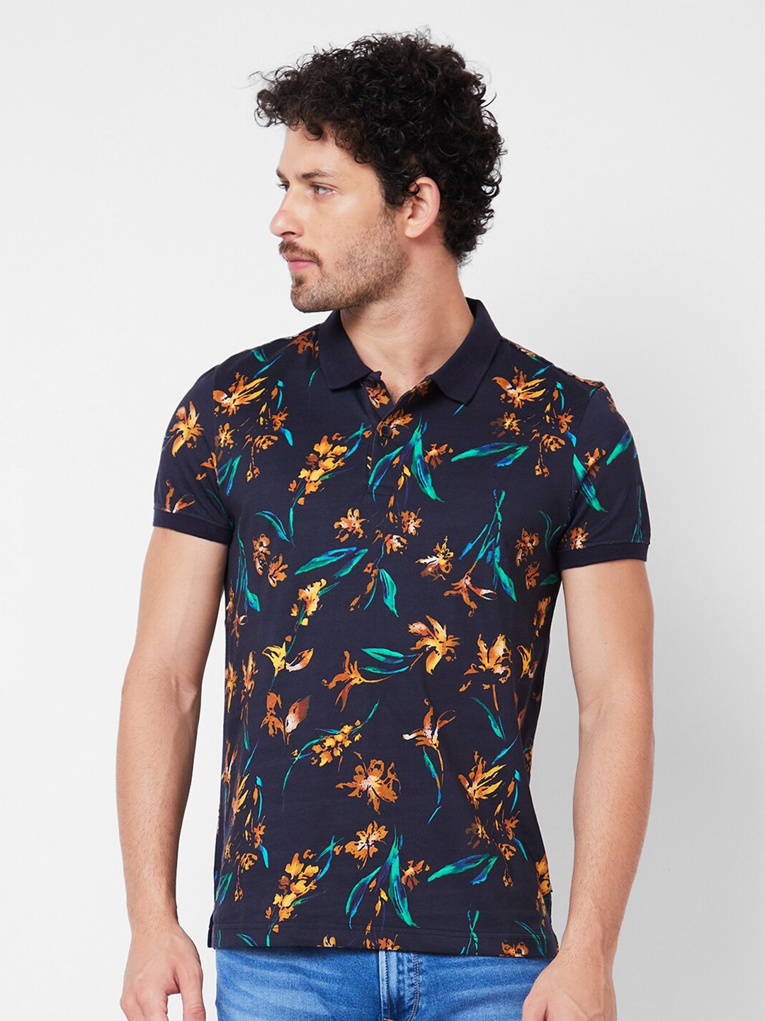 

SPYKAR Floral Printed Polo Collar Slim Fit T-shirt, Blue