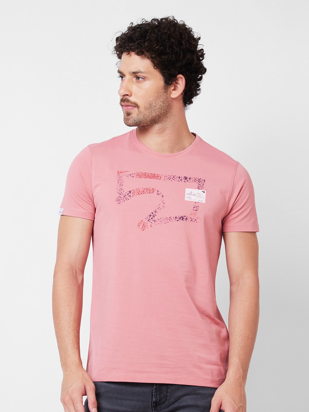 SPYKAR Typography Printed Round Neck Slim Fit Cotton Casual T-shirt, Pink