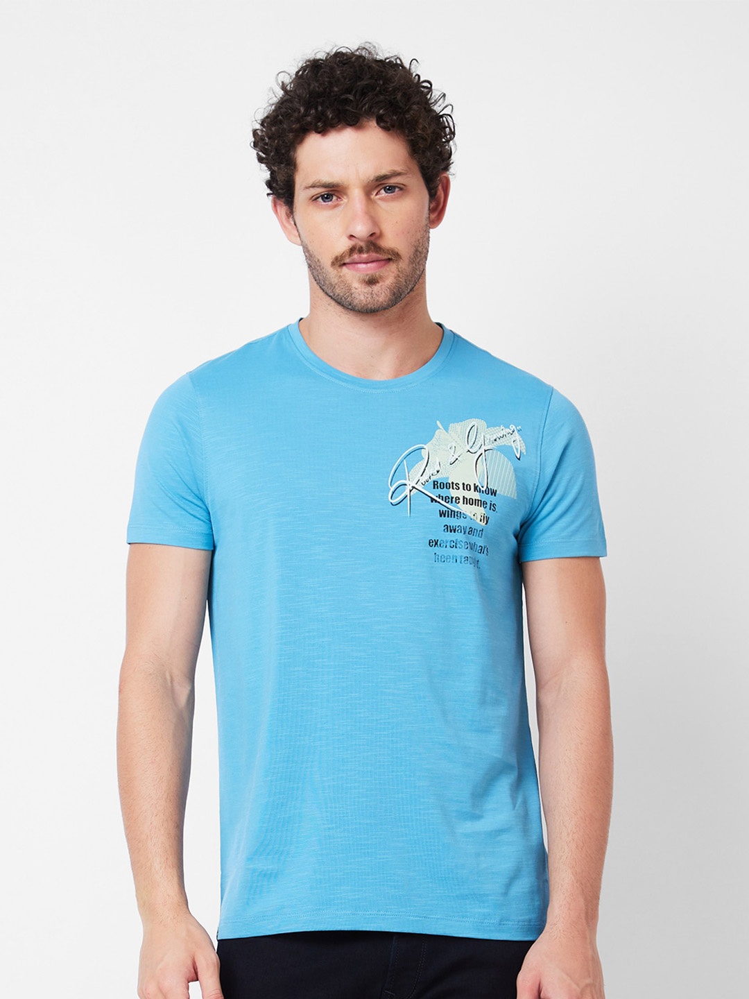 

SPYKAR Typography Printed Round Neck Slim Fit Cotton Casual T-shirt, Blue
