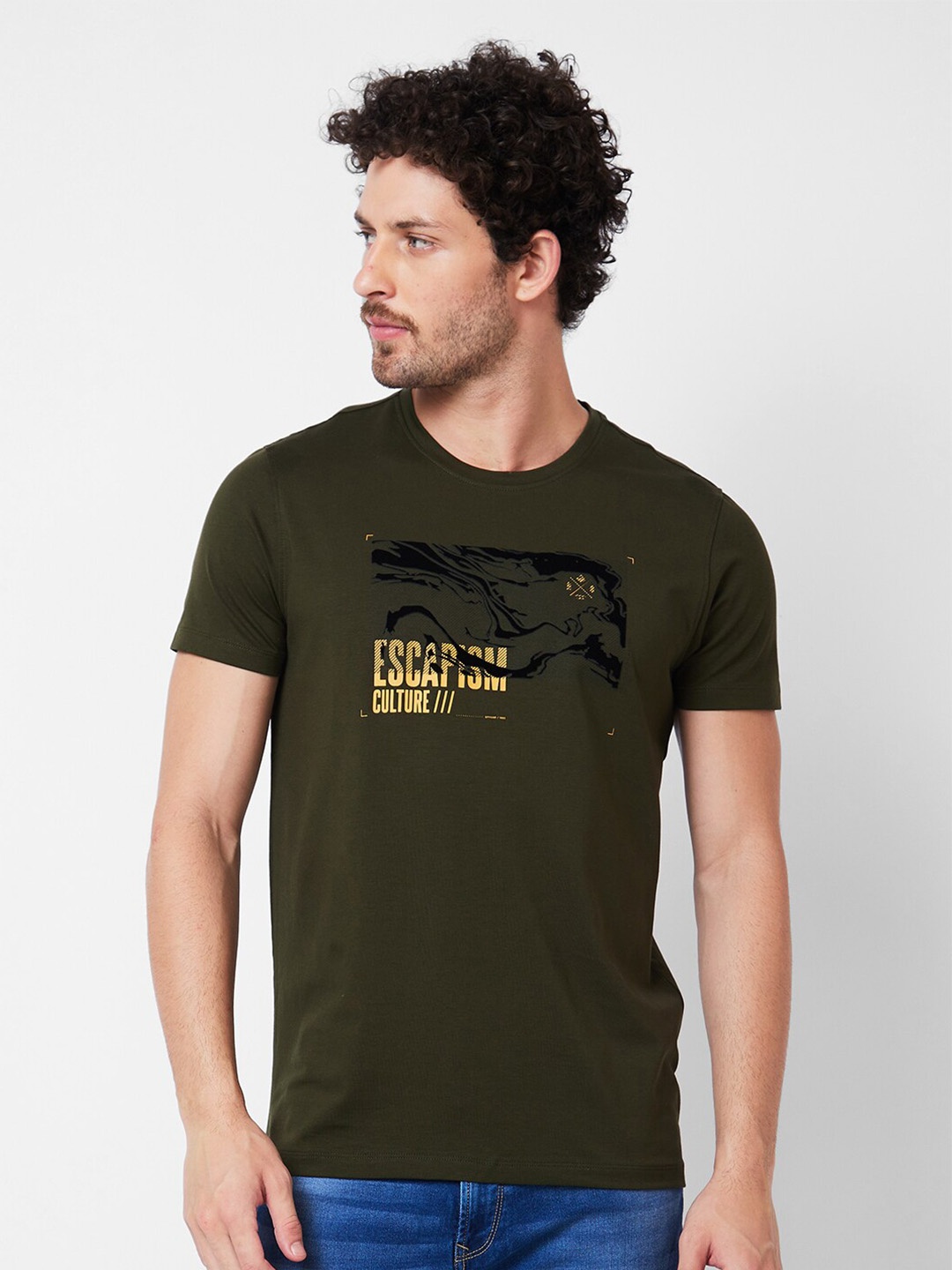 

SPYKAR Typography Printed Round Neck Slim Fit Cotton Casual T-shirt, Green