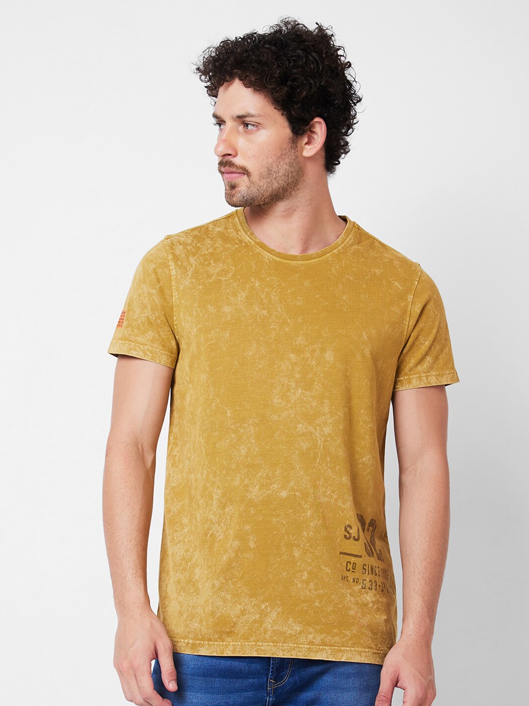 

SPYKAR Abstract Printed Round Neck Half Sleeves Slim Fit Cotton T-shirt, Khaki