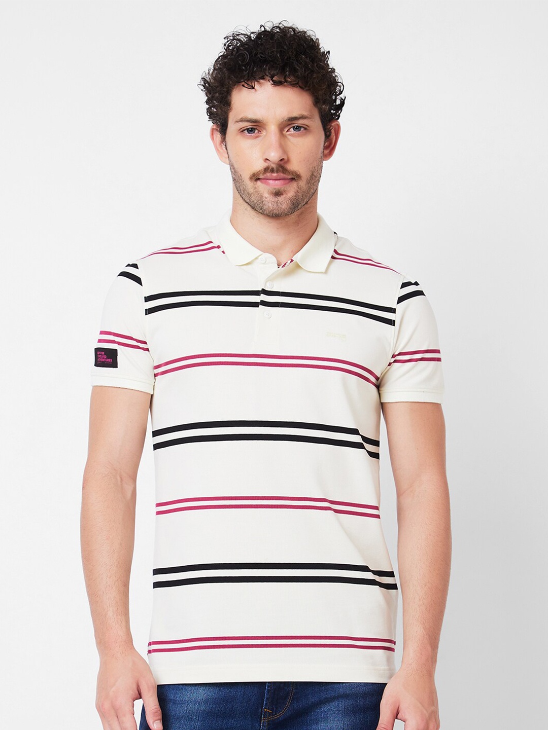 

SPYKAR Striped Polo Collar Slim Fit Cotton T-shirt, White