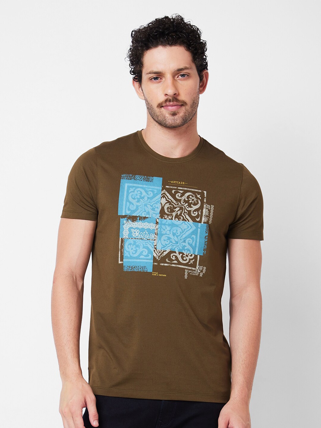 

SPYKAR Graphic Printed Round Neck Half Sleeves Slim Fit Cotton T-shirt, Green