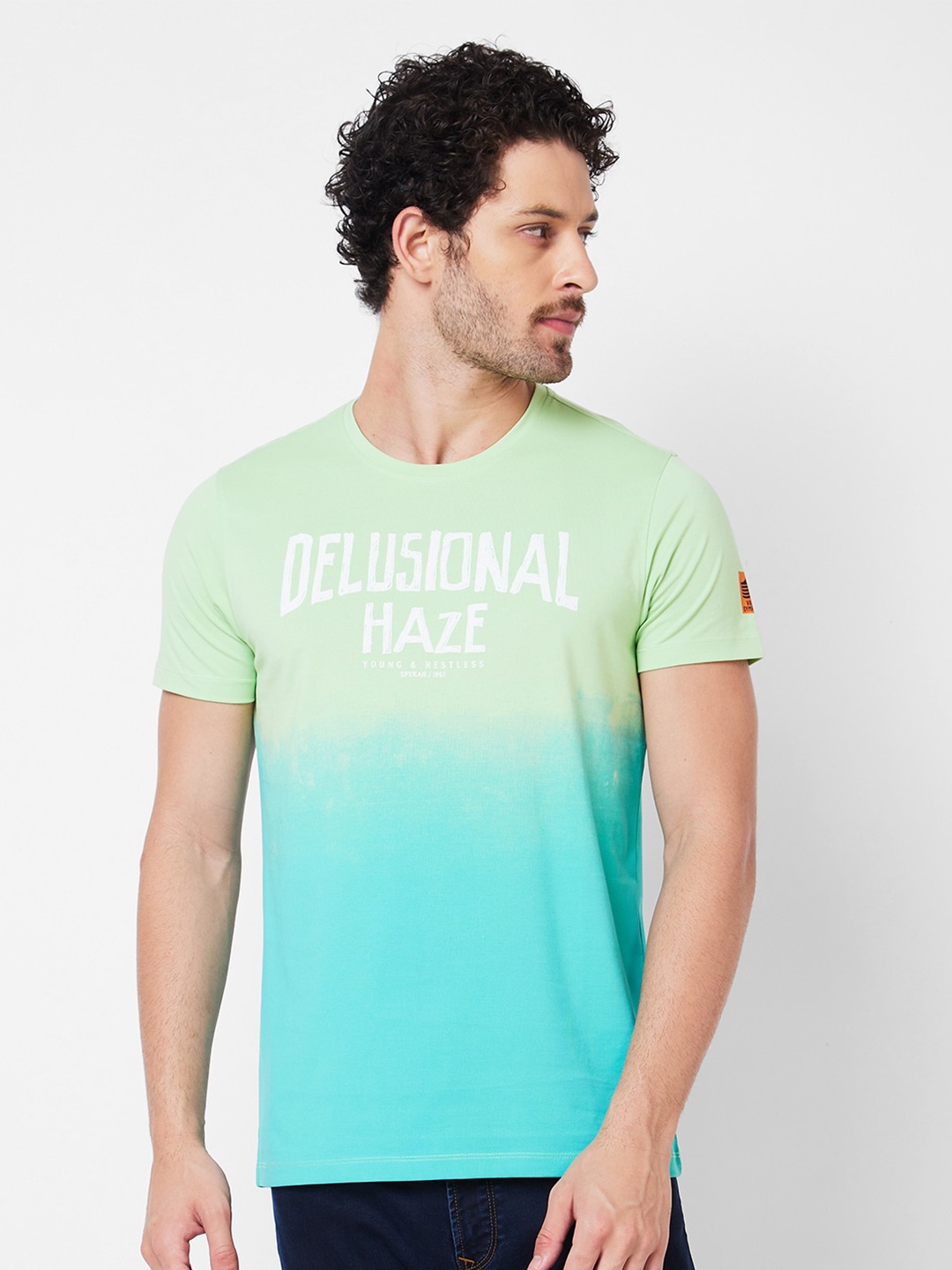

SPYKAR Typography Printed Round Neck Slim Fit Cotton Casual T-shirt, Green